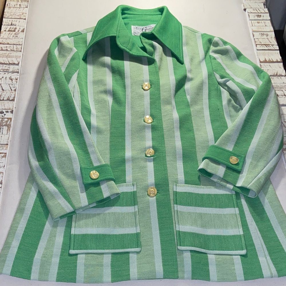 Vintage 70’s ALEX GARAY Womens Green white Striped  Button Shirt Jacket Size 14